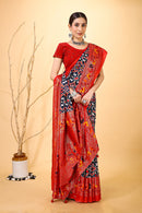 Pratha - Red Blue Silk Patola Print Saree