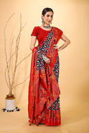 Pratha - Red Blue Silk Patola Print Saree