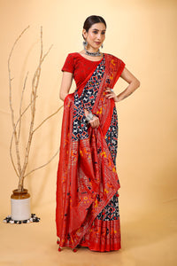 Pratha - Red Blue Silk Patola Print Saree