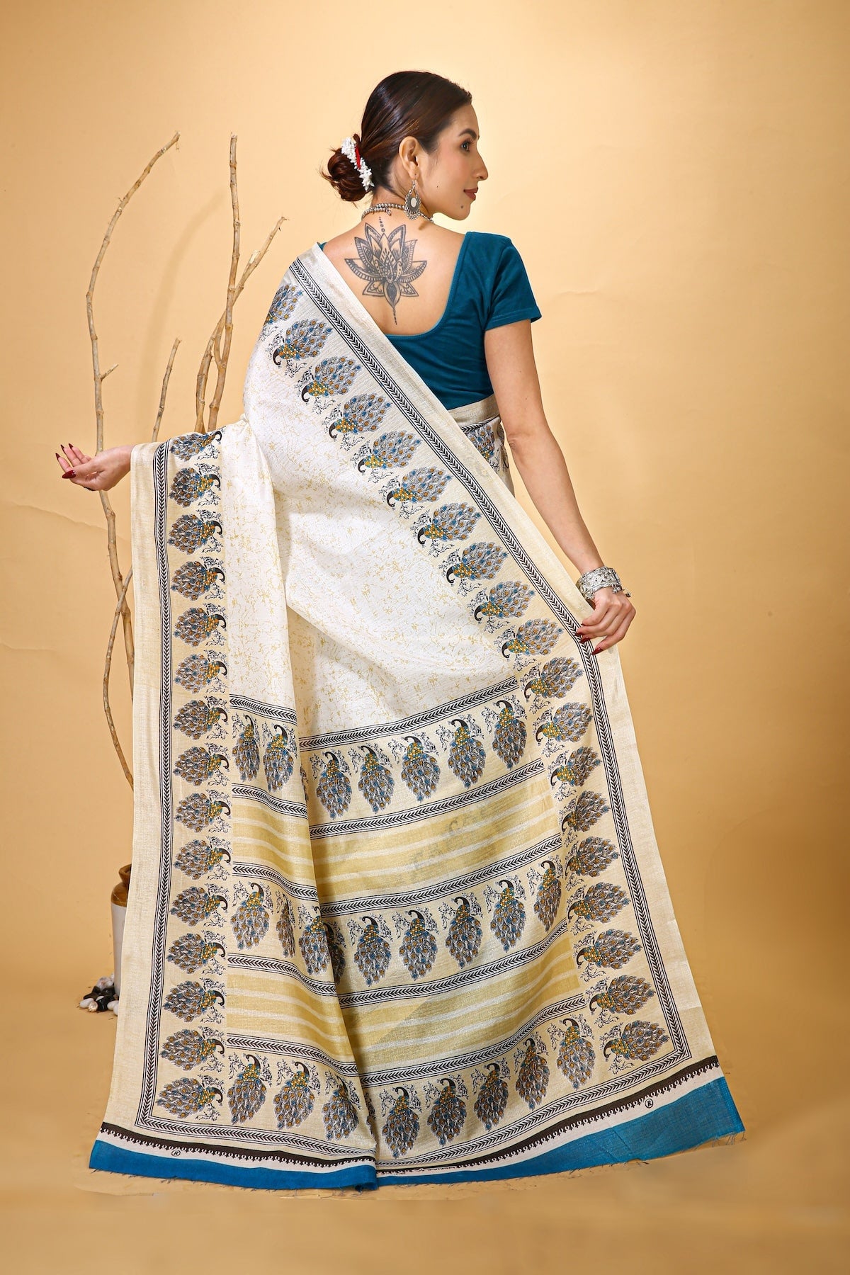 Bela - Blue White Art Silk Printed Saree