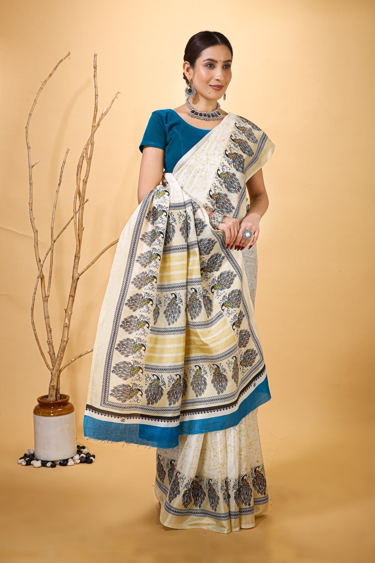 Bela - Blue White Art Silk Printed Saree