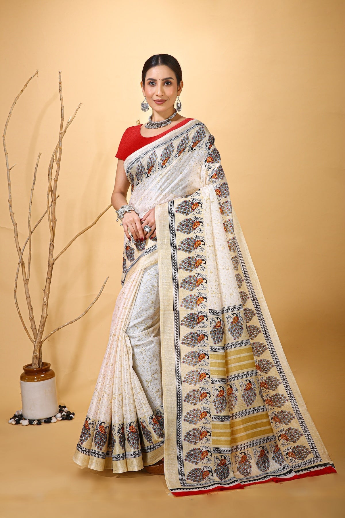 Bela - Red White Art Silk Printed Saree