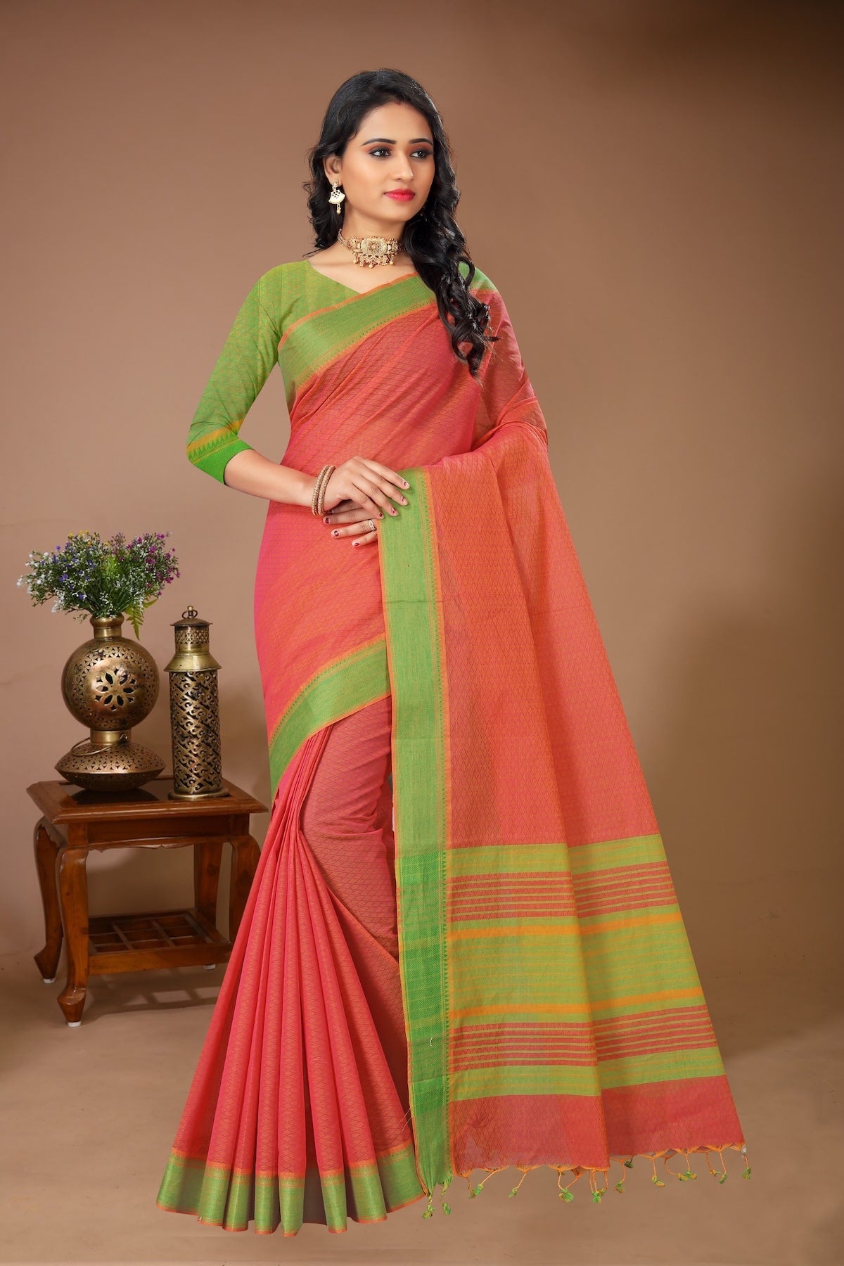 Tarang - Red Olive Cotton Printed Saree