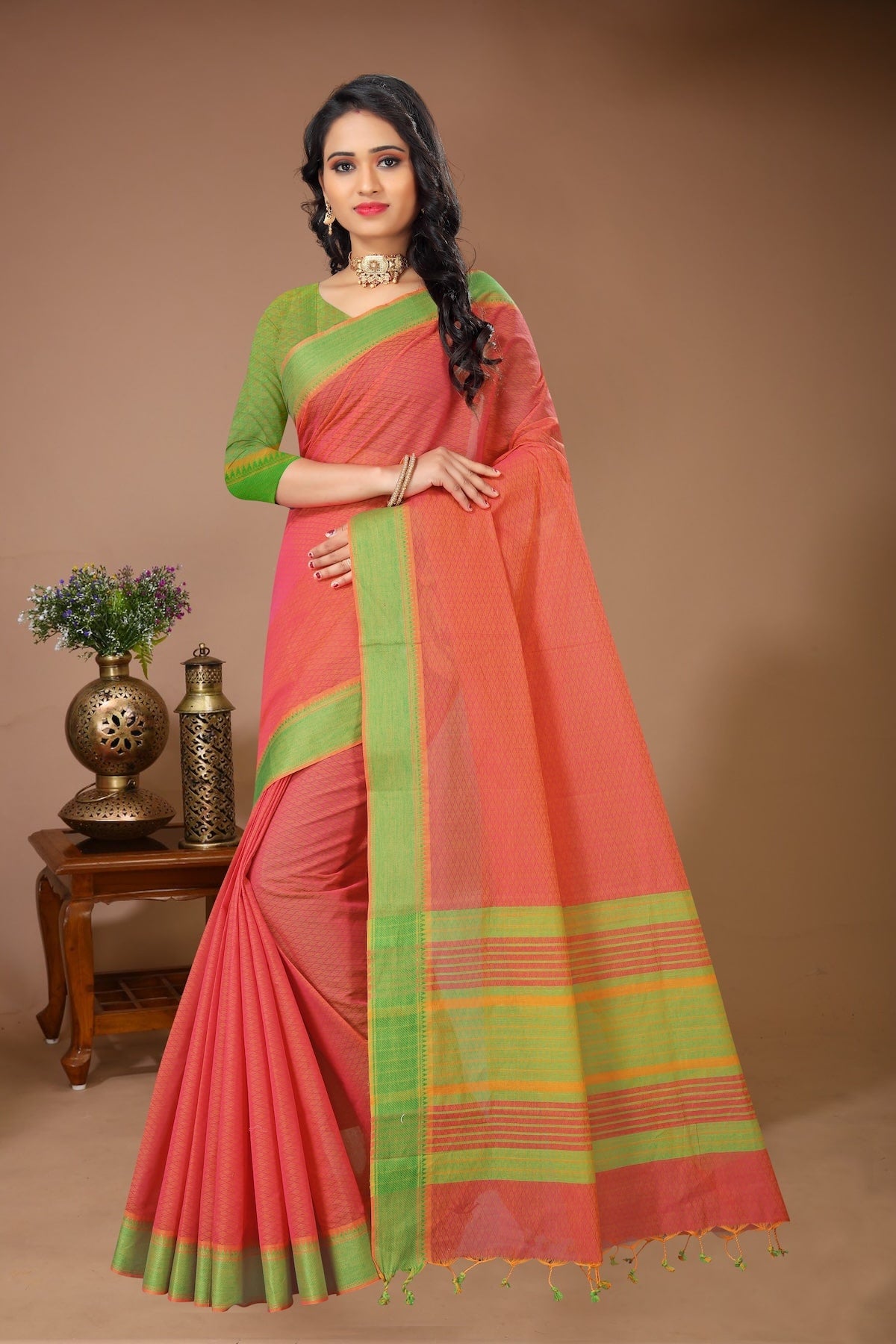 Tarang - Red Olive Cotton Printed Saree