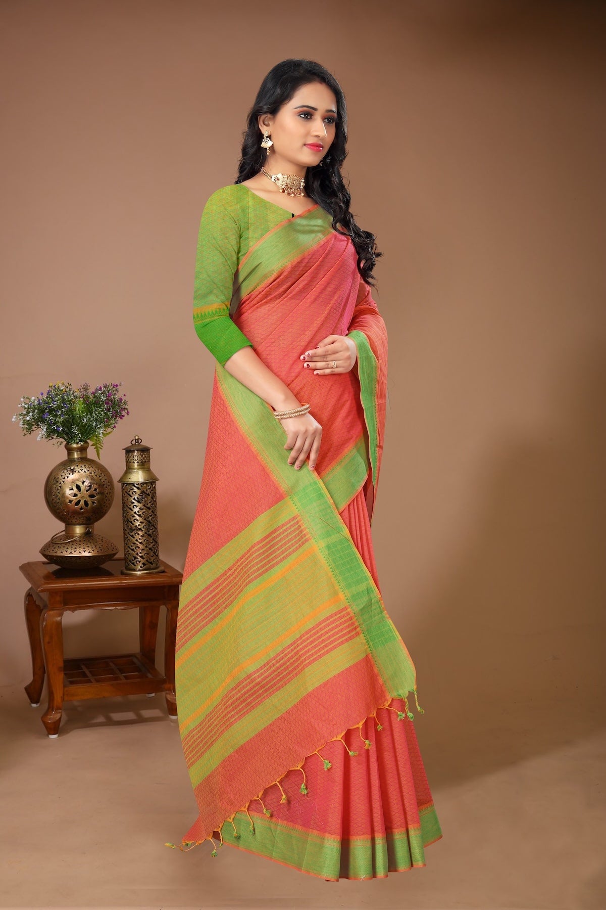 Tarang - Red Olive Cotton Printed Saree