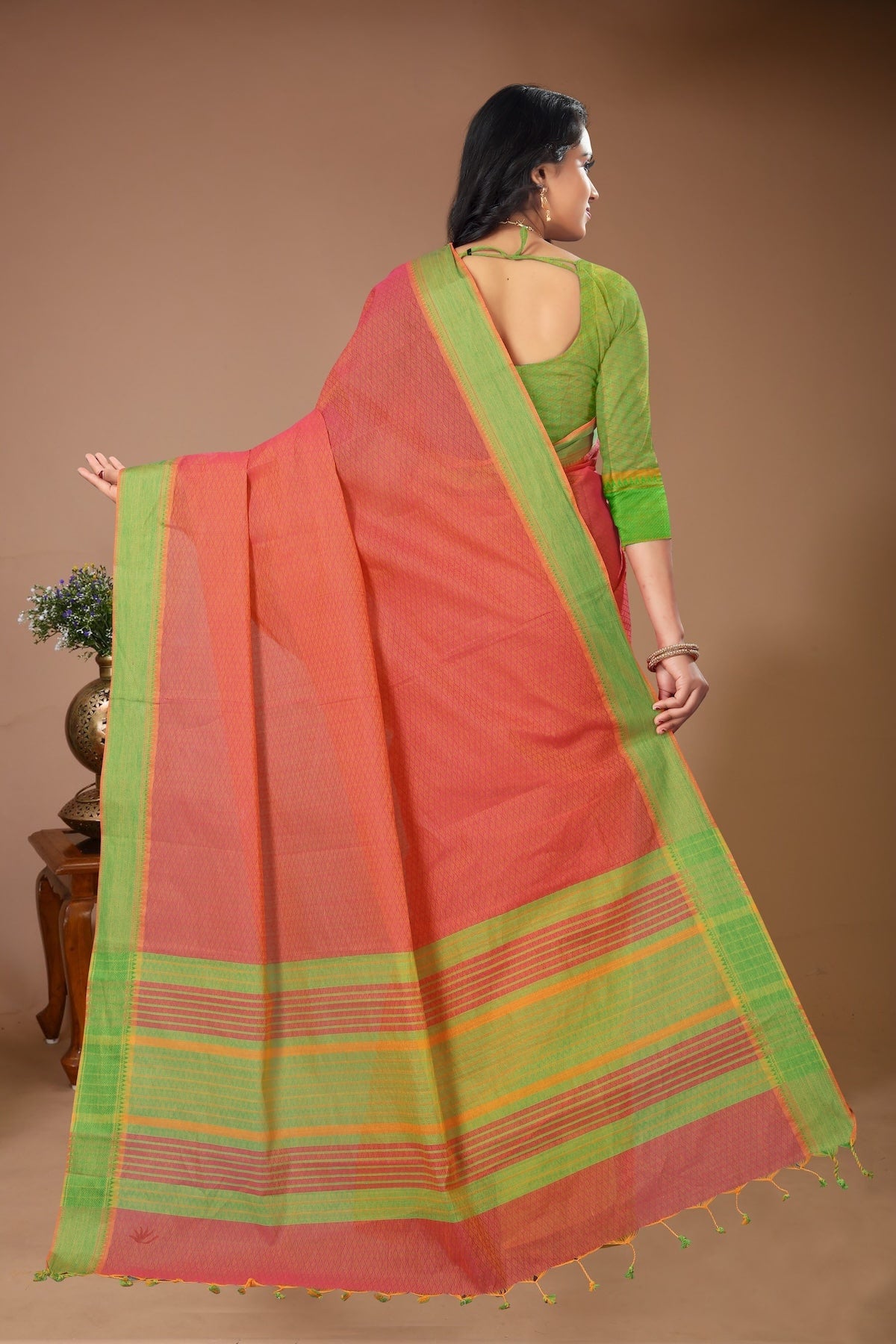 Tarang - Red Olive Cotton Printed Saree