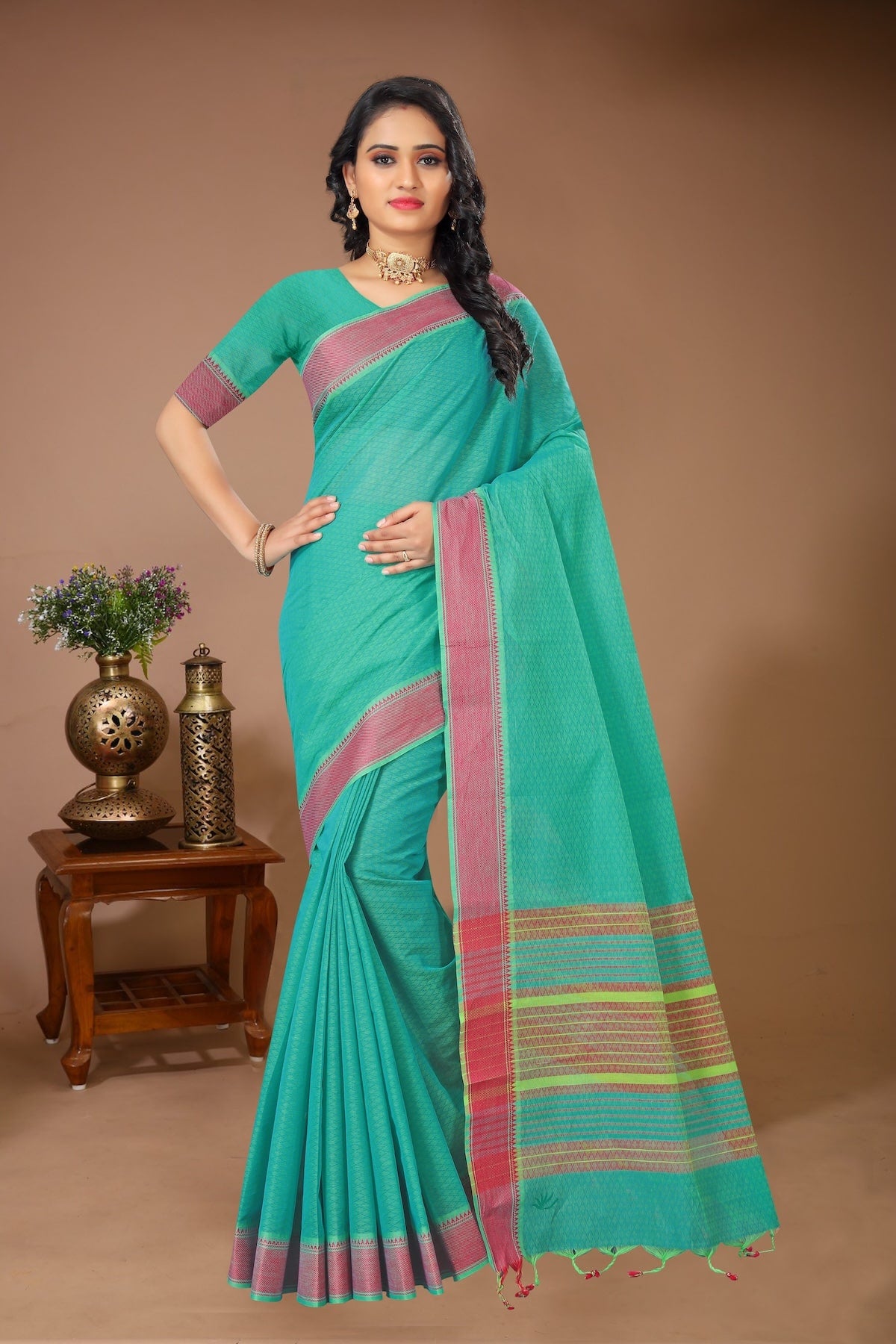 Tarang - Green Red Cotton Printed Saree