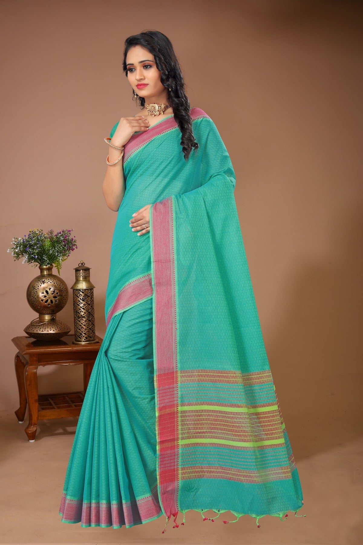 Tarang - Green Red Cotton Printed Saree