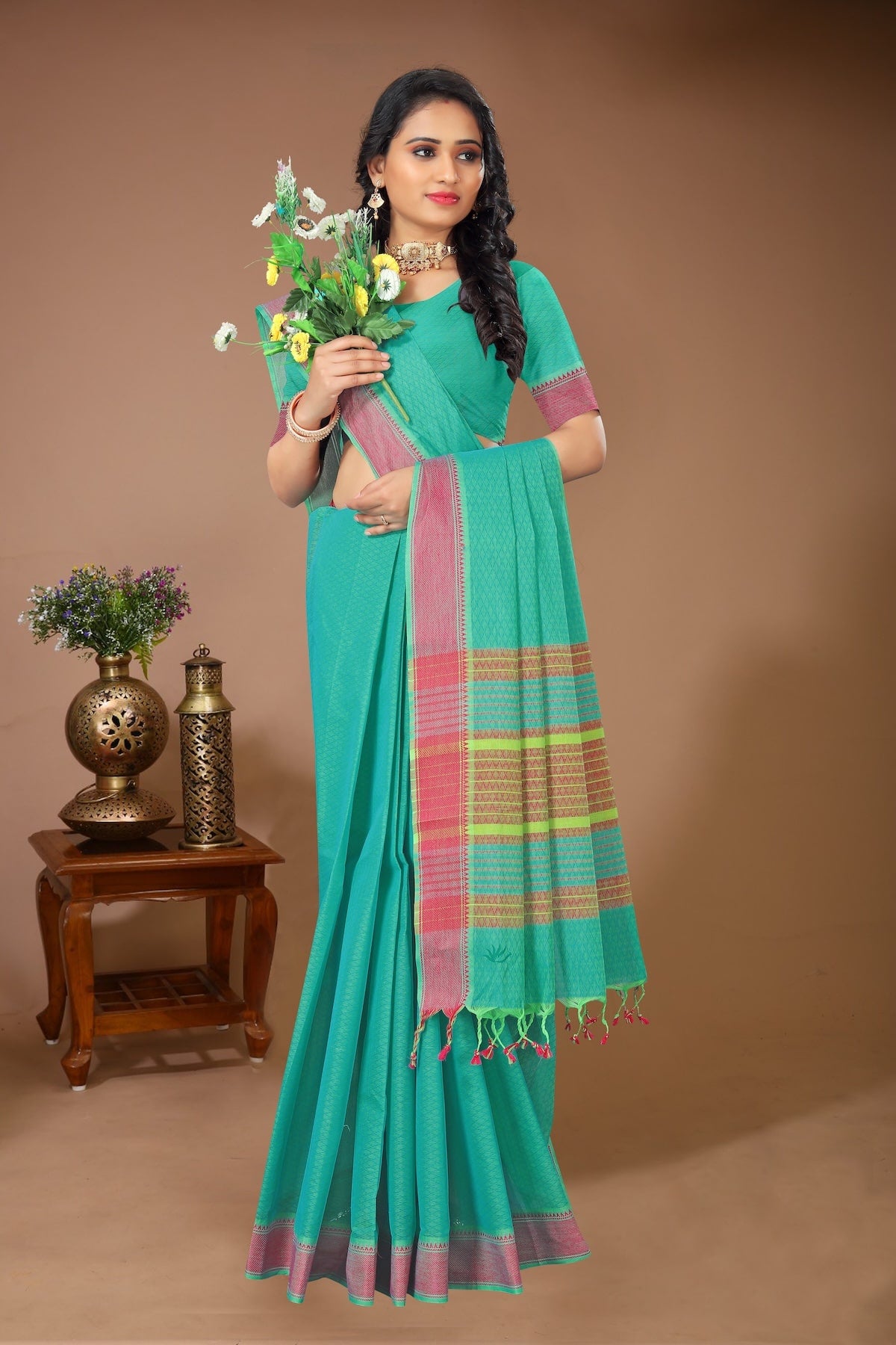 Tarang - Green Red Cotton Printed Saree