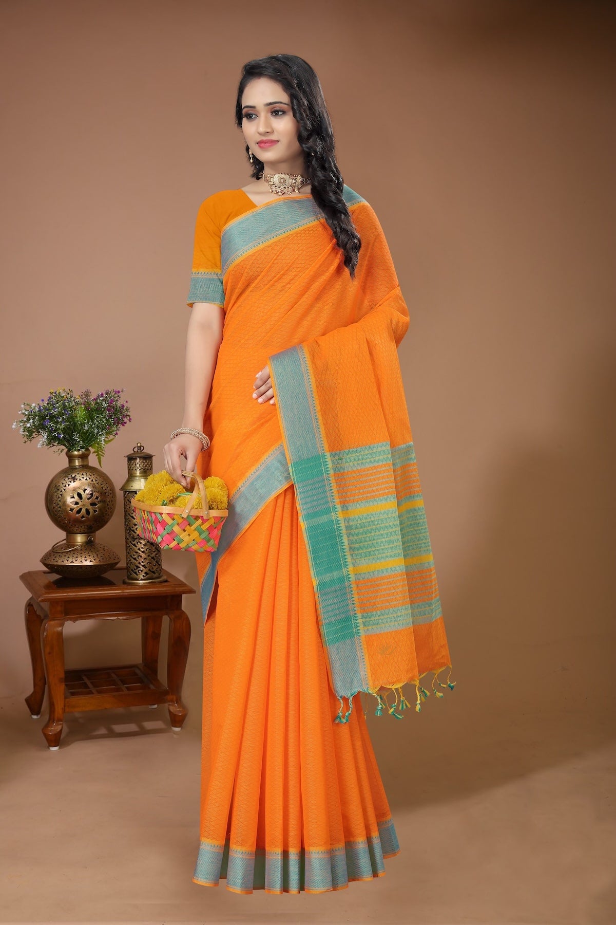 Tarang - Orange Teal Cotton Printed Saree