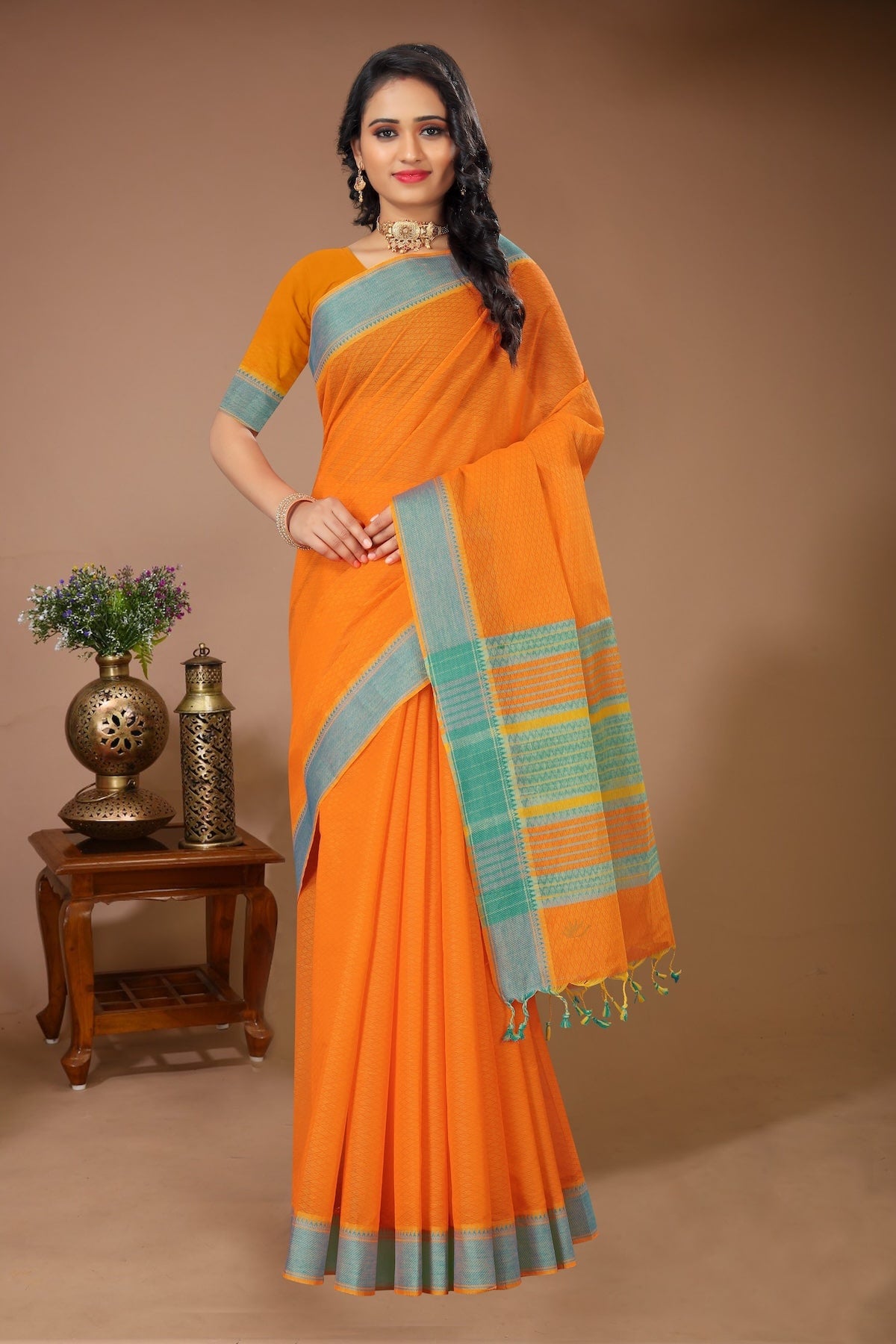 Tarang - Orange Teal Cotton Printed Saree