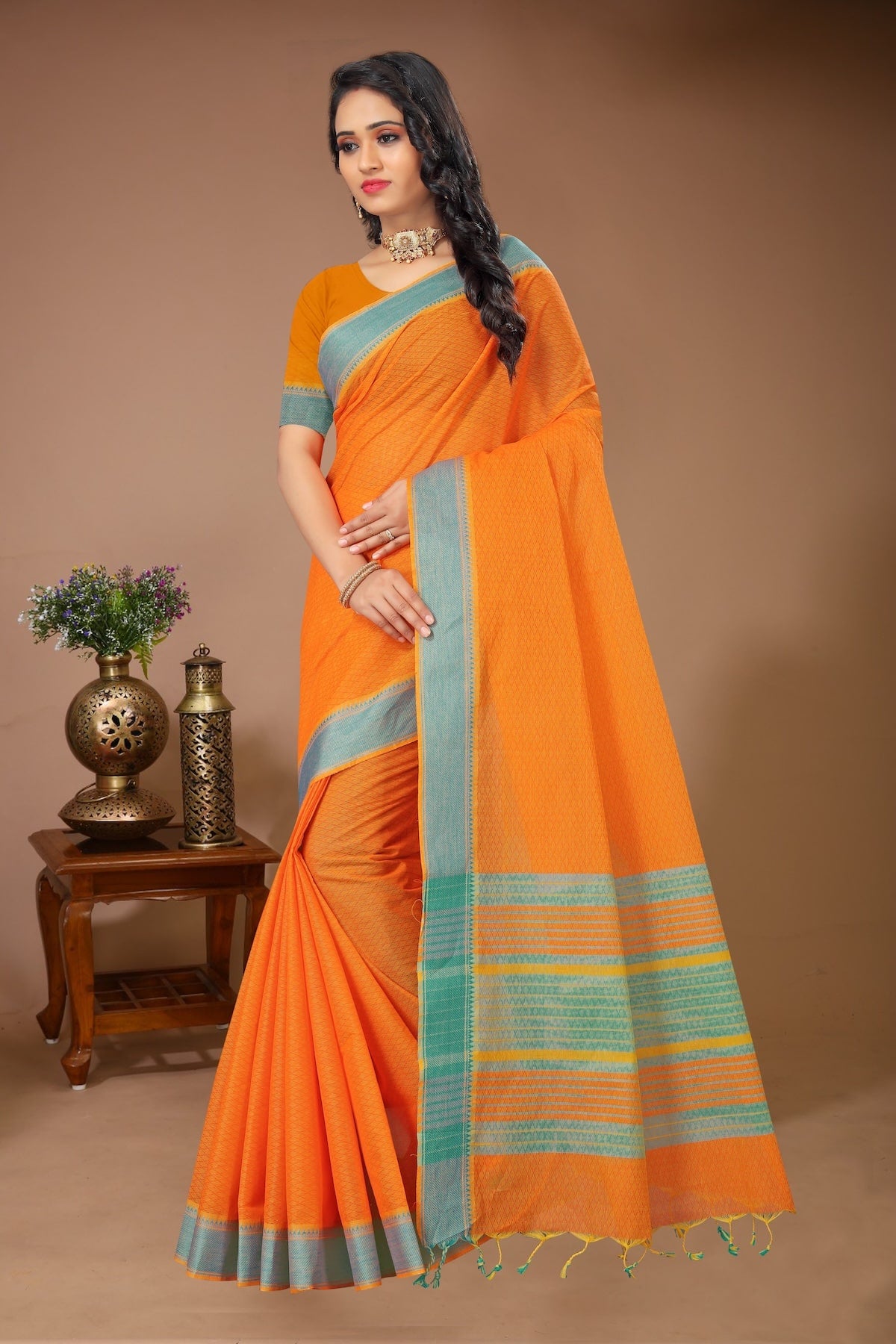 Tarang - Orange Teal Cotton Printed Saree