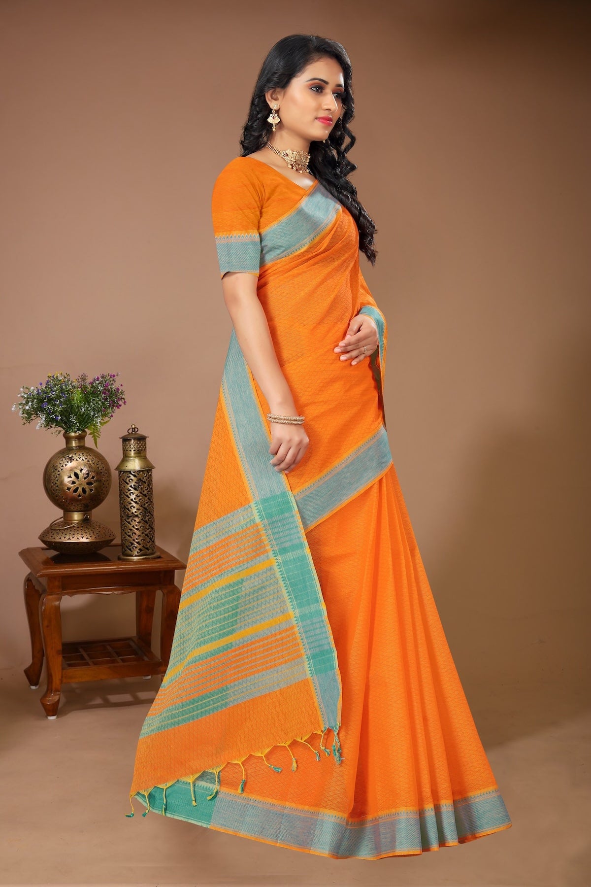 Tarang - Orange Teal Cotton Printed Saree