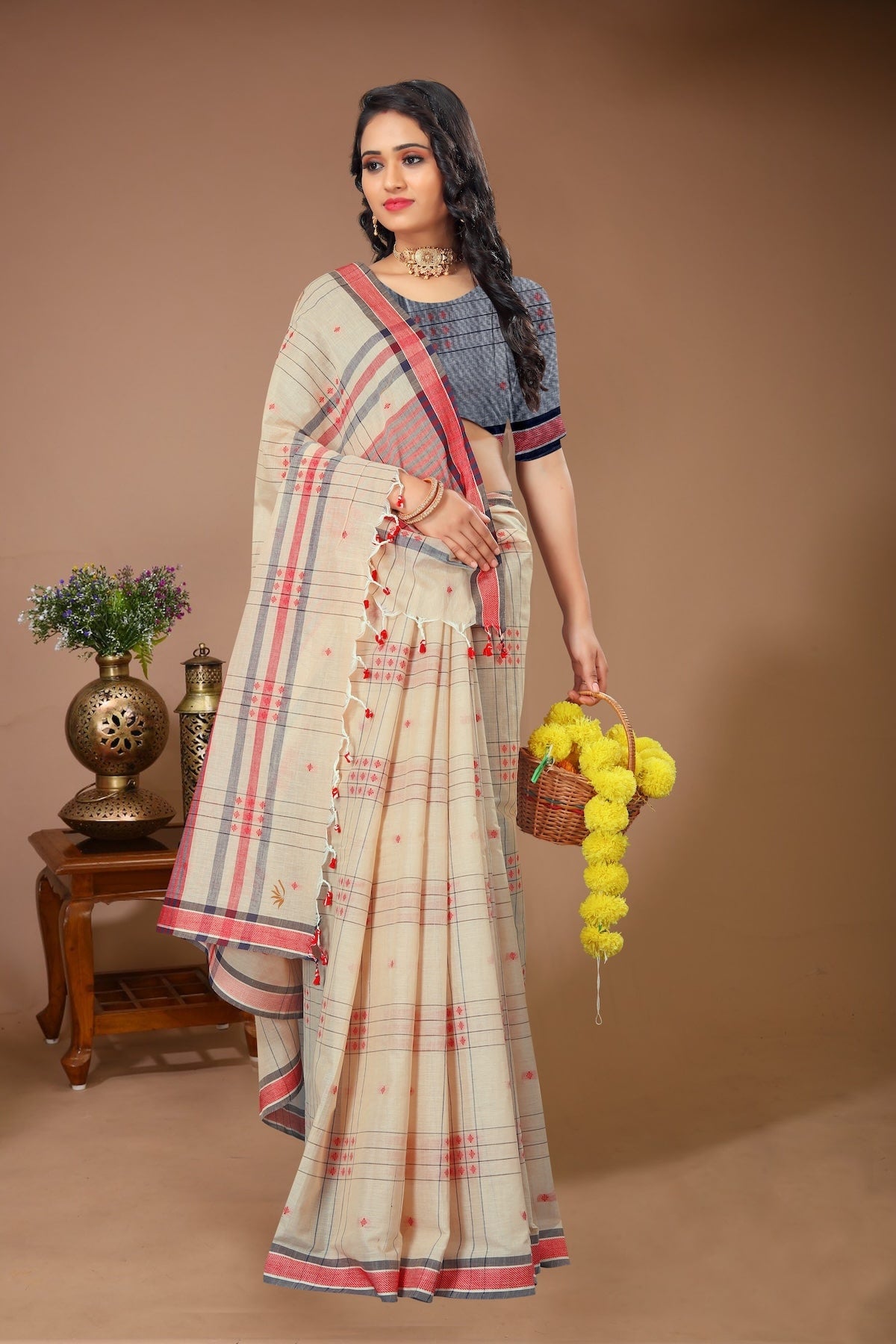 Aparajita - Cream Red Cotton Printed Saree