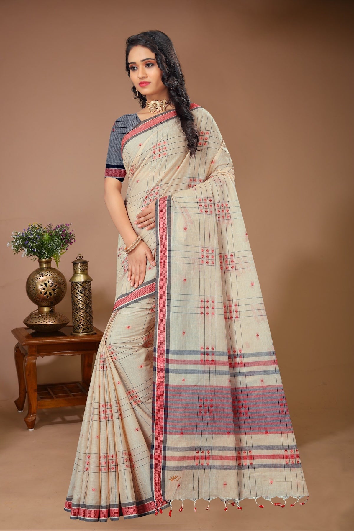 Aparajita - Cream Red Cotton Printed Saree