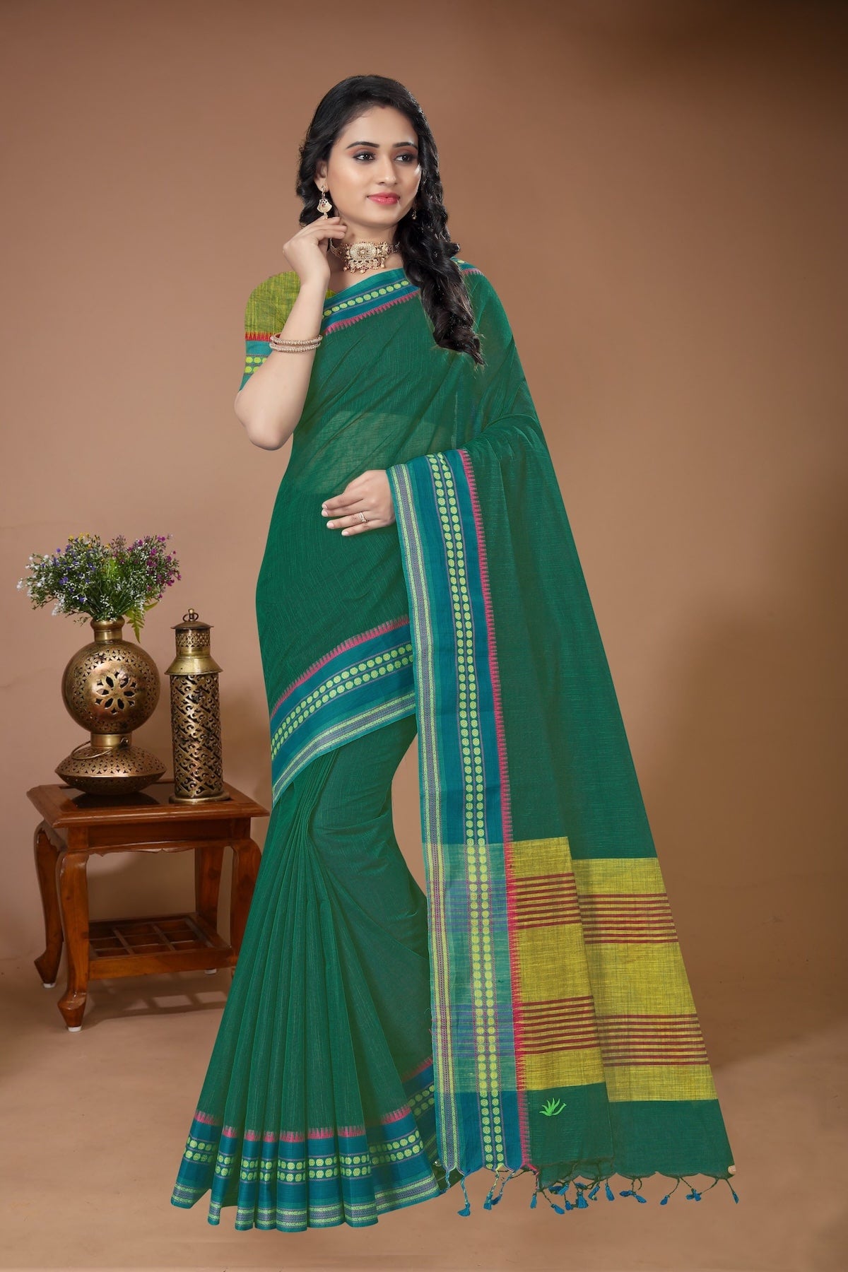 Sahaj - Green Blue Cotton Printed Saree