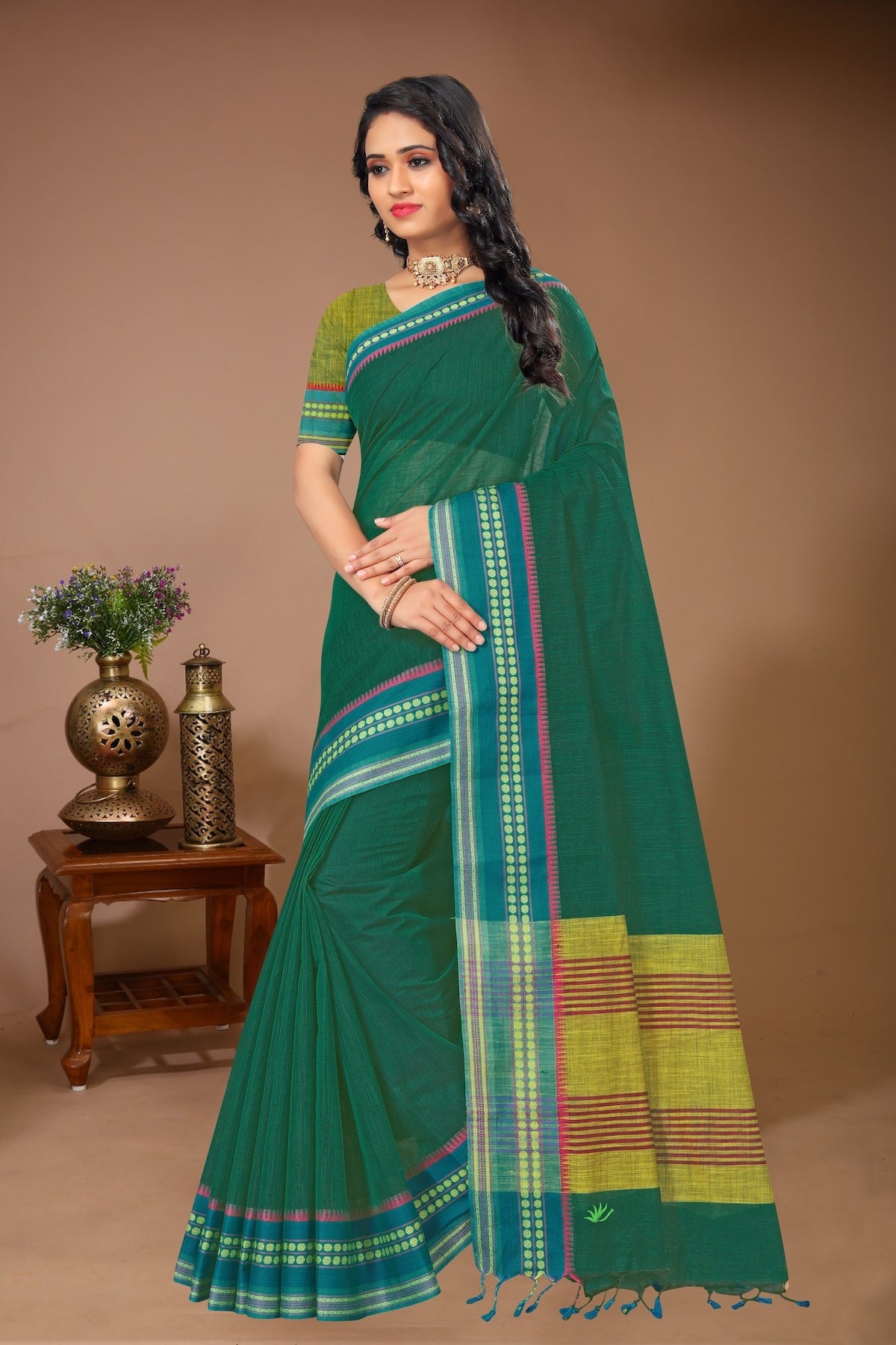 Sahaj - Green Blue Cotton Printed Saree