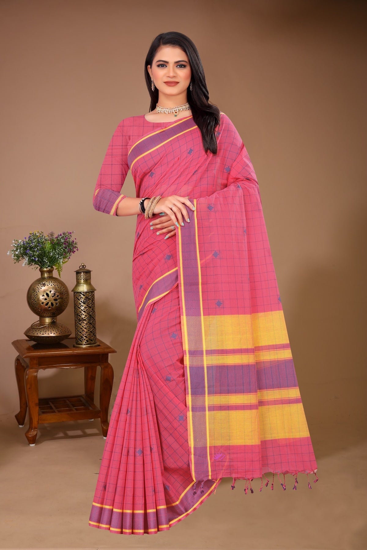 Gulmohar - Pink Yellow Cotton Printed Saree