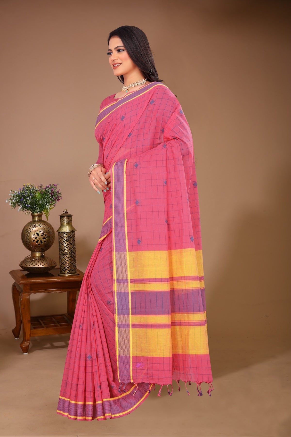 Gulmohar - Pink Yellow Cotton Printed Saree