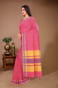 Gulmohar - Pink Yellow Cotton Printed Saree