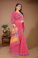 Gulmohar - Pink Yellow Cotton Printed Saree