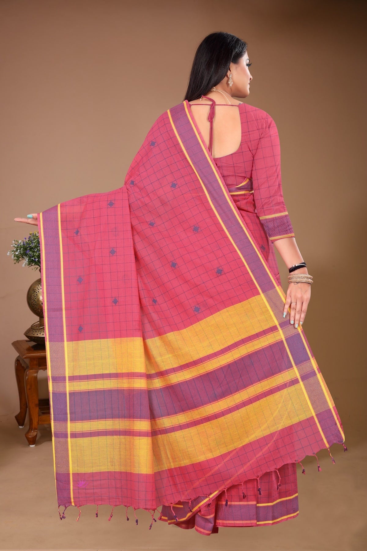 Gulmohar - Pink Yellow Cotton Printed Saree