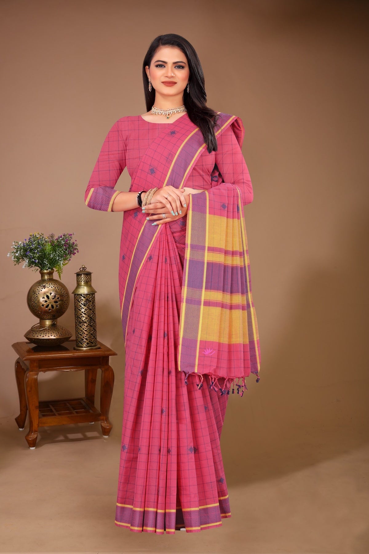 Gulmohar - Pink Yellow Cotton Printed Saree