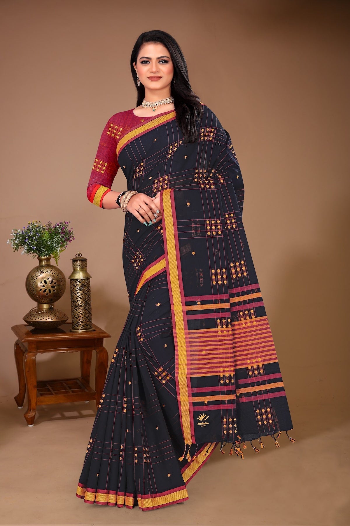 Aparajita - Black Yellow Cotton Printed Saree