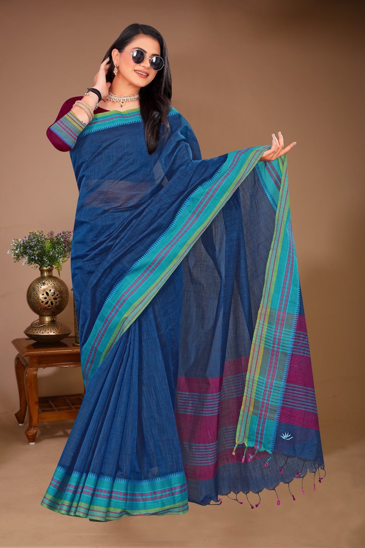 Sahaj - Blue Green Cotton Printed Saree