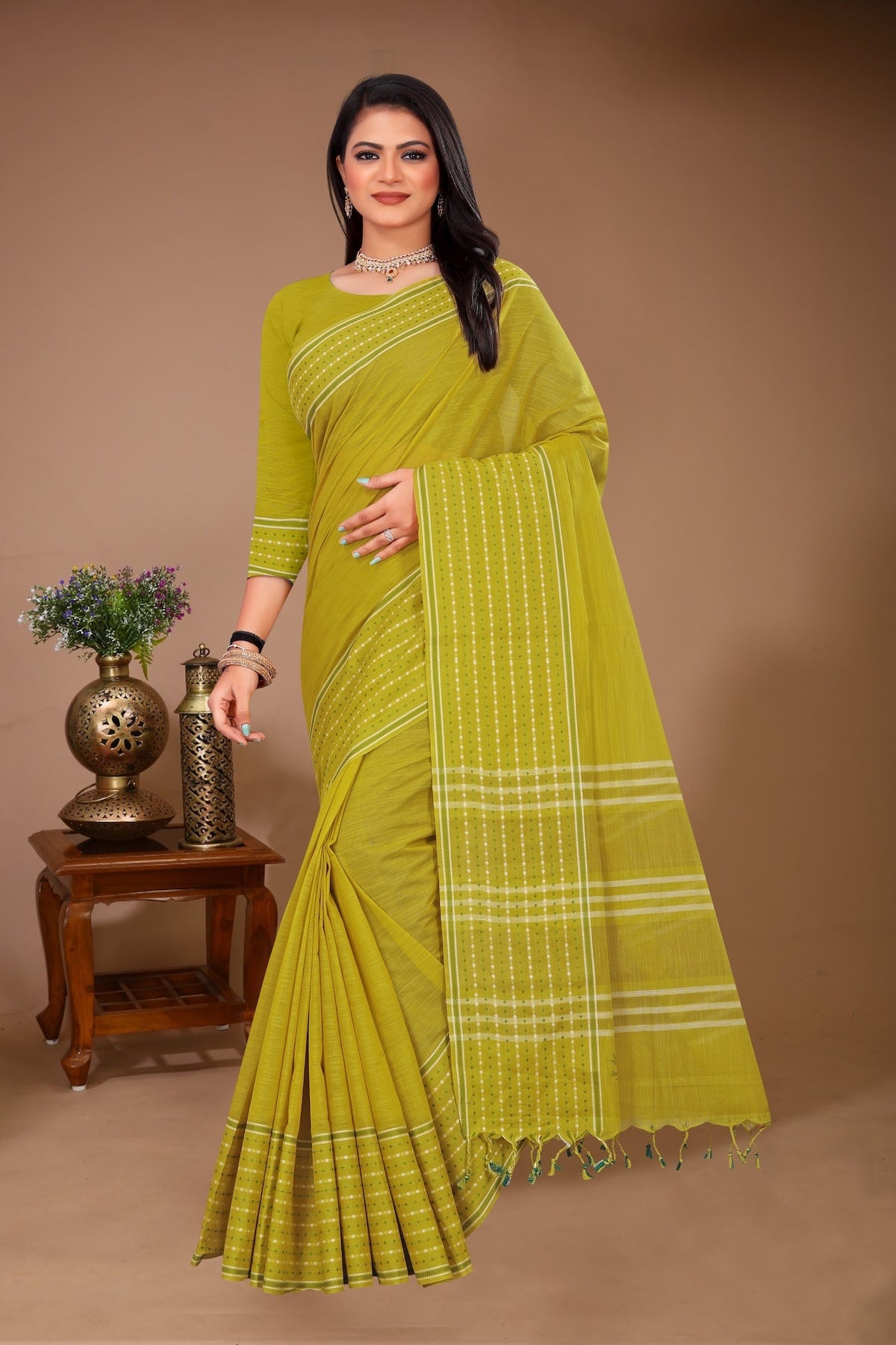 Saahil - Olive Cotton Printed Saree