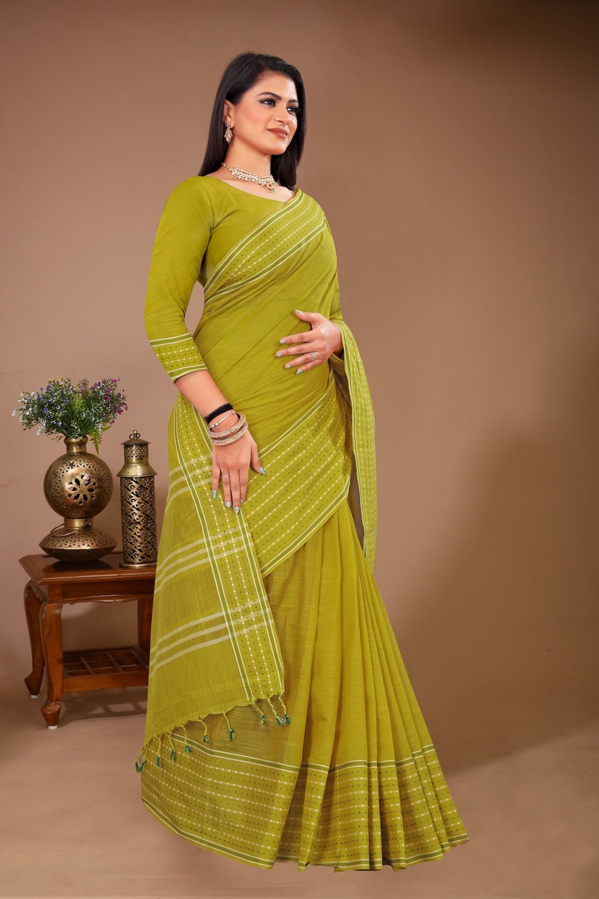 Saahil - Olive Cotton Printed Saree