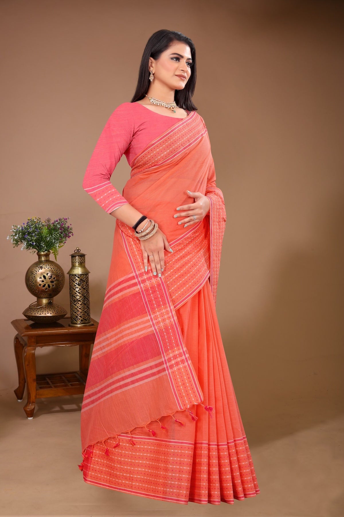 Saahil - Orange Cotton Printed Saree