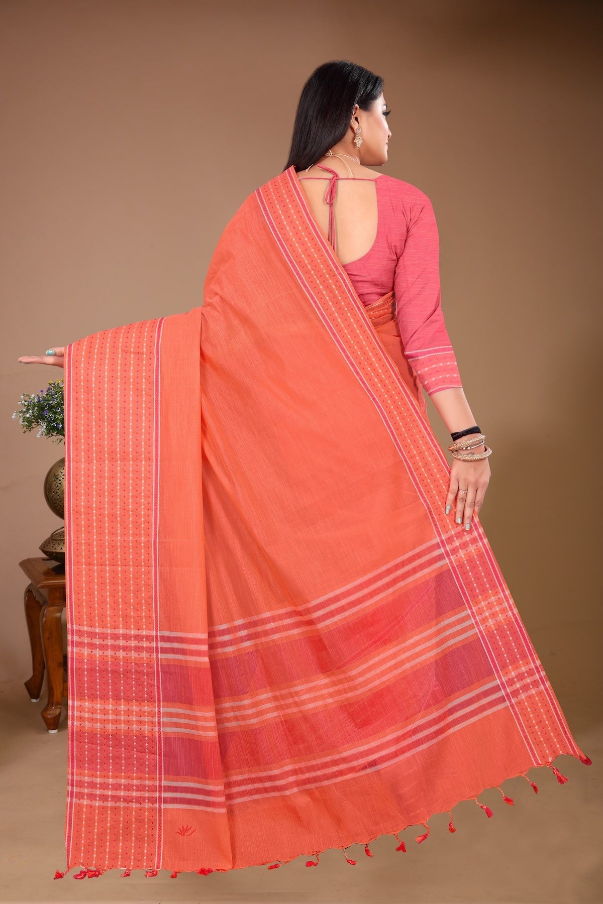 Saahil - Orange Cotton Printed Saree