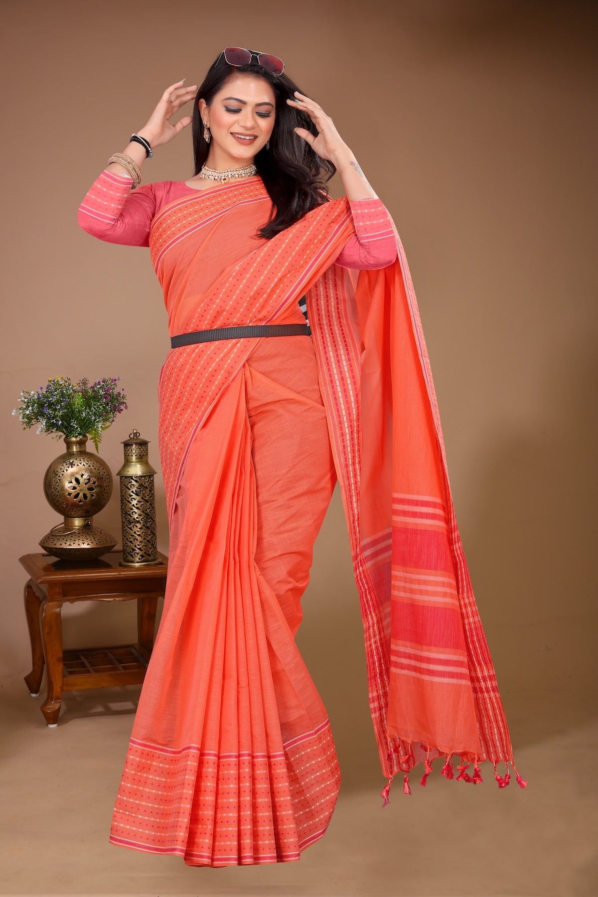 Saahil - Orange Cotton Printed Saree