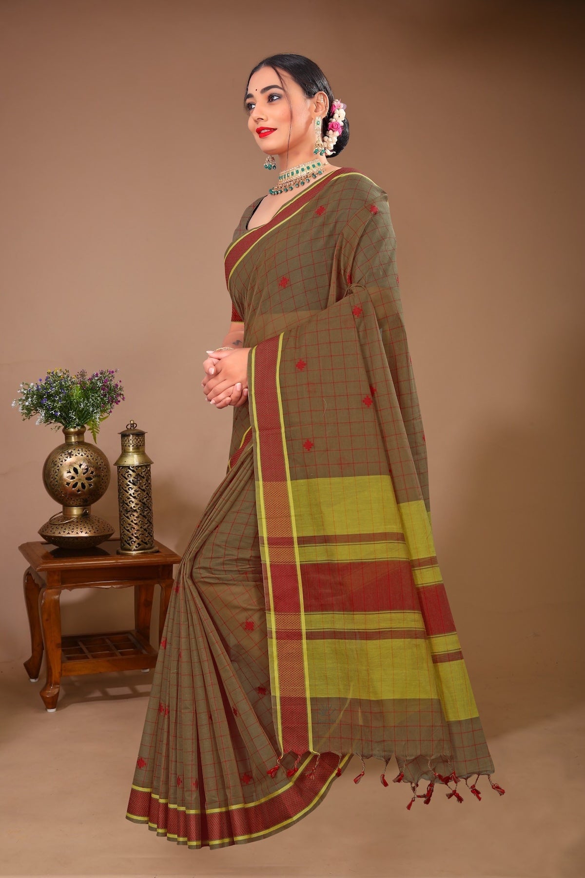 Gulmohar - Brown Red Cotton Printed Saree