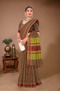 Gulmohar - Brown Red Cotton Printed Saree