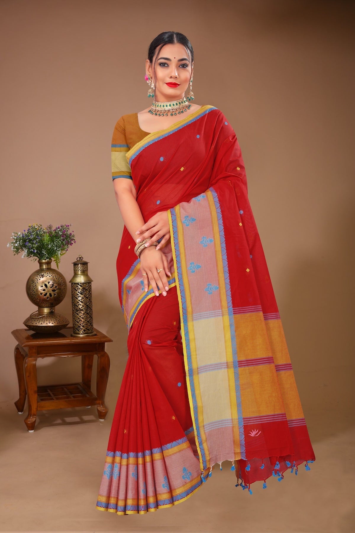 Sargam - Red Blue Cotton Printed Saree