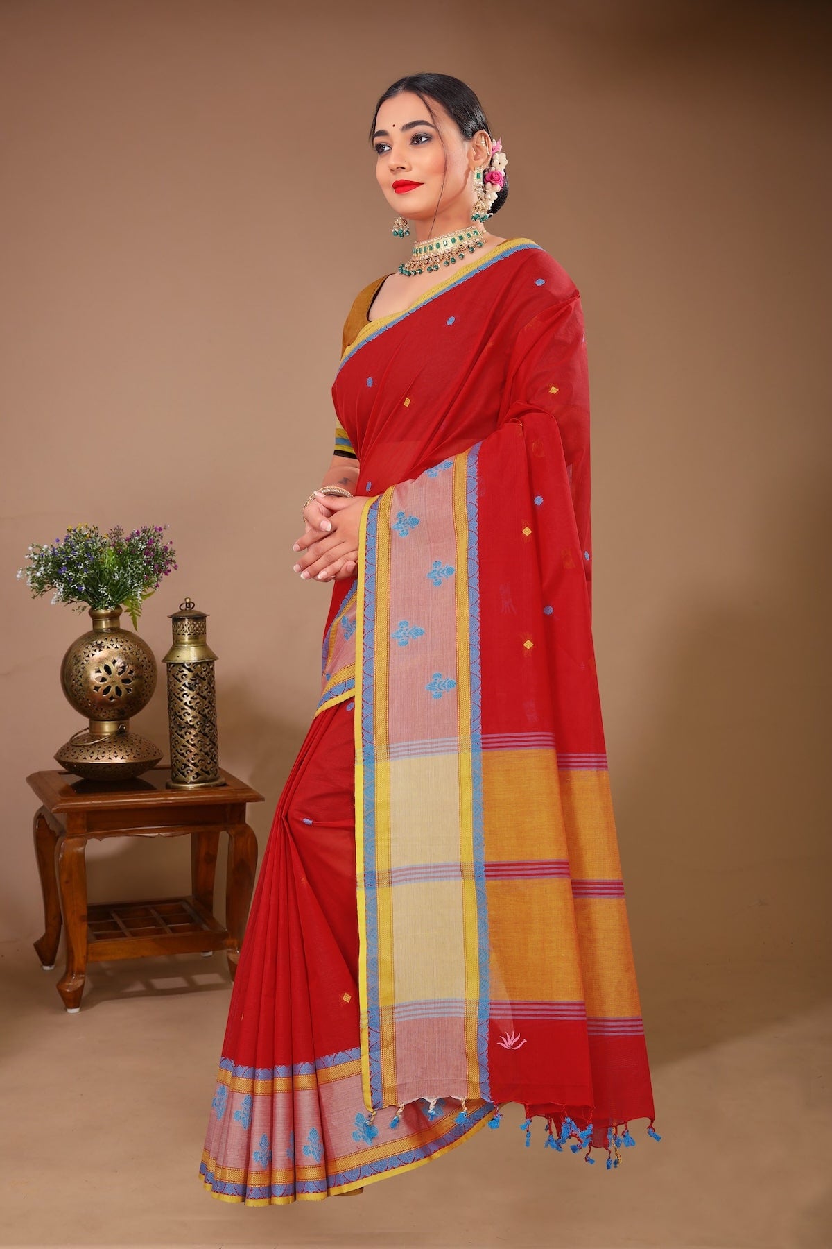 Sargam - Red Blue Cotton Printed Saree