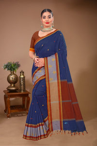 Sargam - Blue Brown Cotton Printed Saree