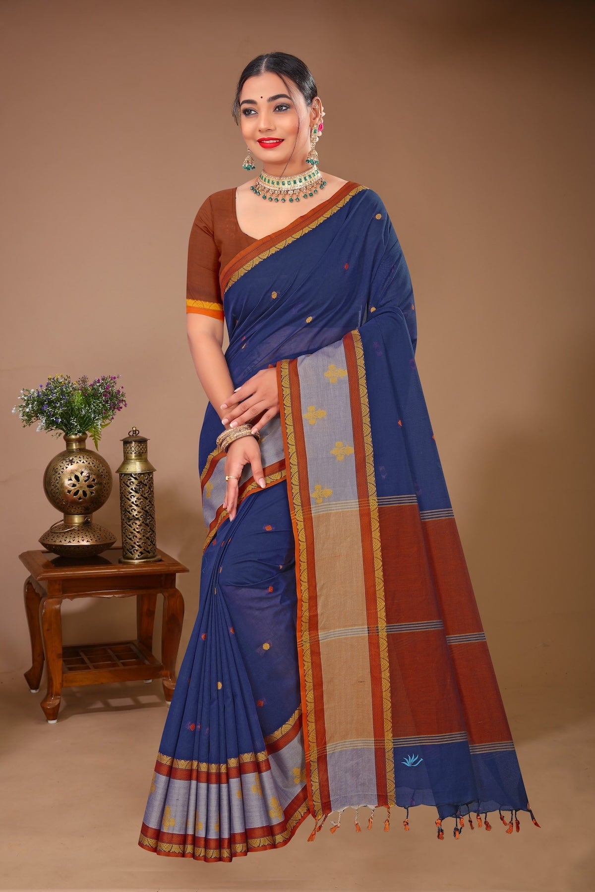 Sargam - Blue Brown Cotton Printed Saree