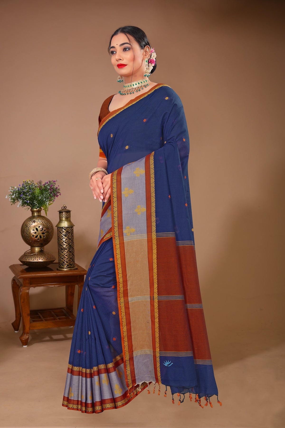 Sargam - Blue Brown Cotton Printed Saree