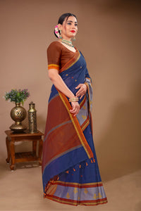 Sargam - Blue Brown Cotton Printed Saree