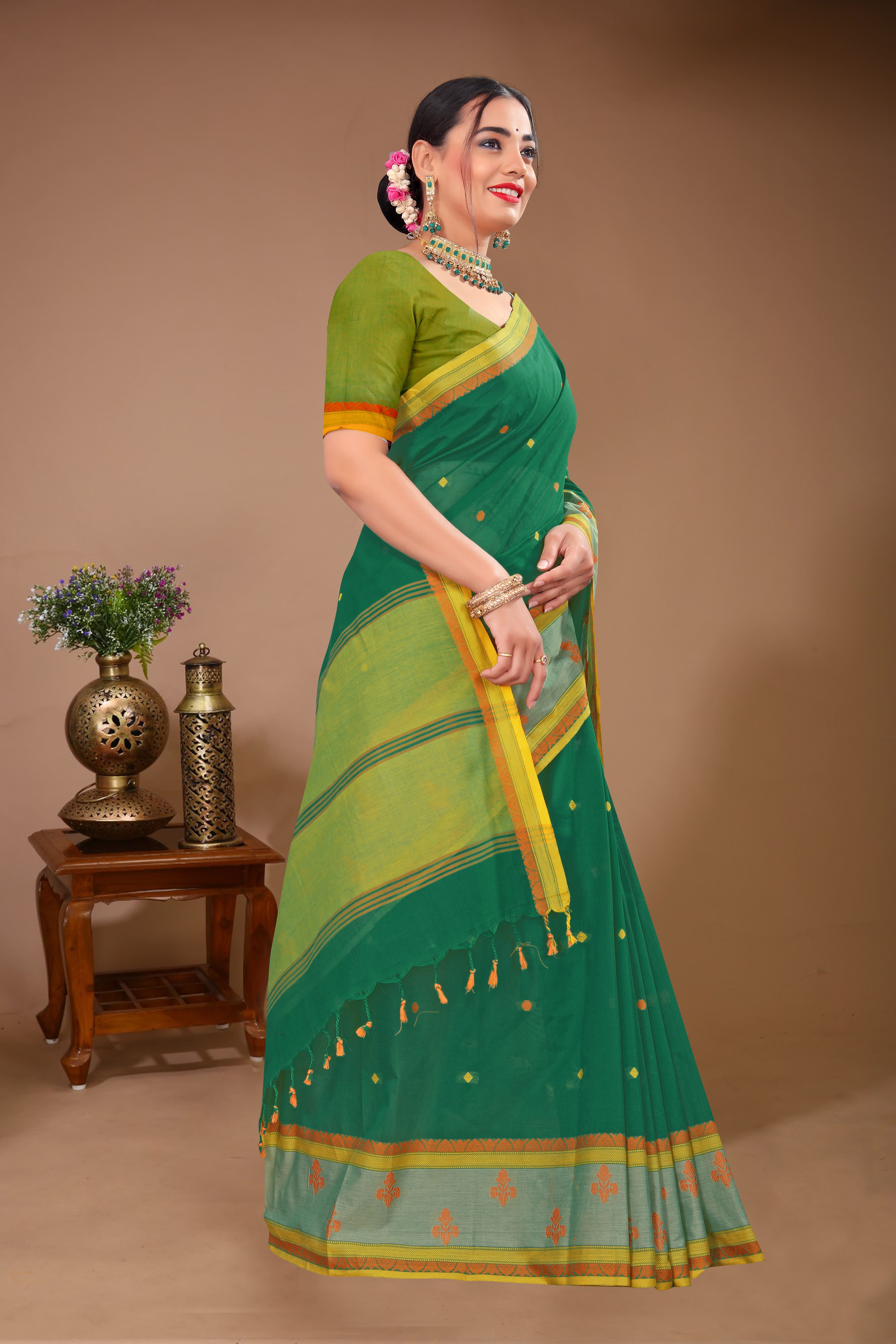 Sargam - Green Yellow Cotton Printed Saree