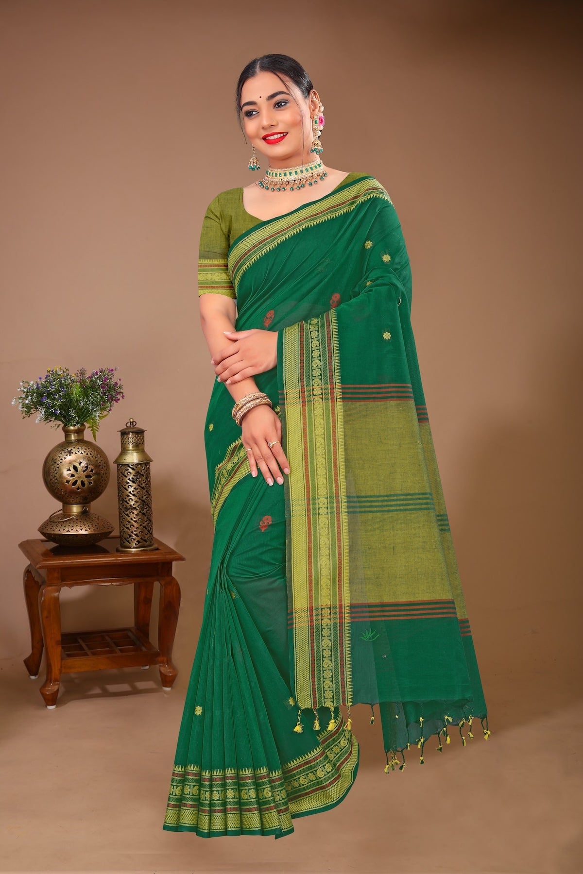 Aparajita - Green Yellow Cotton Printed Saree