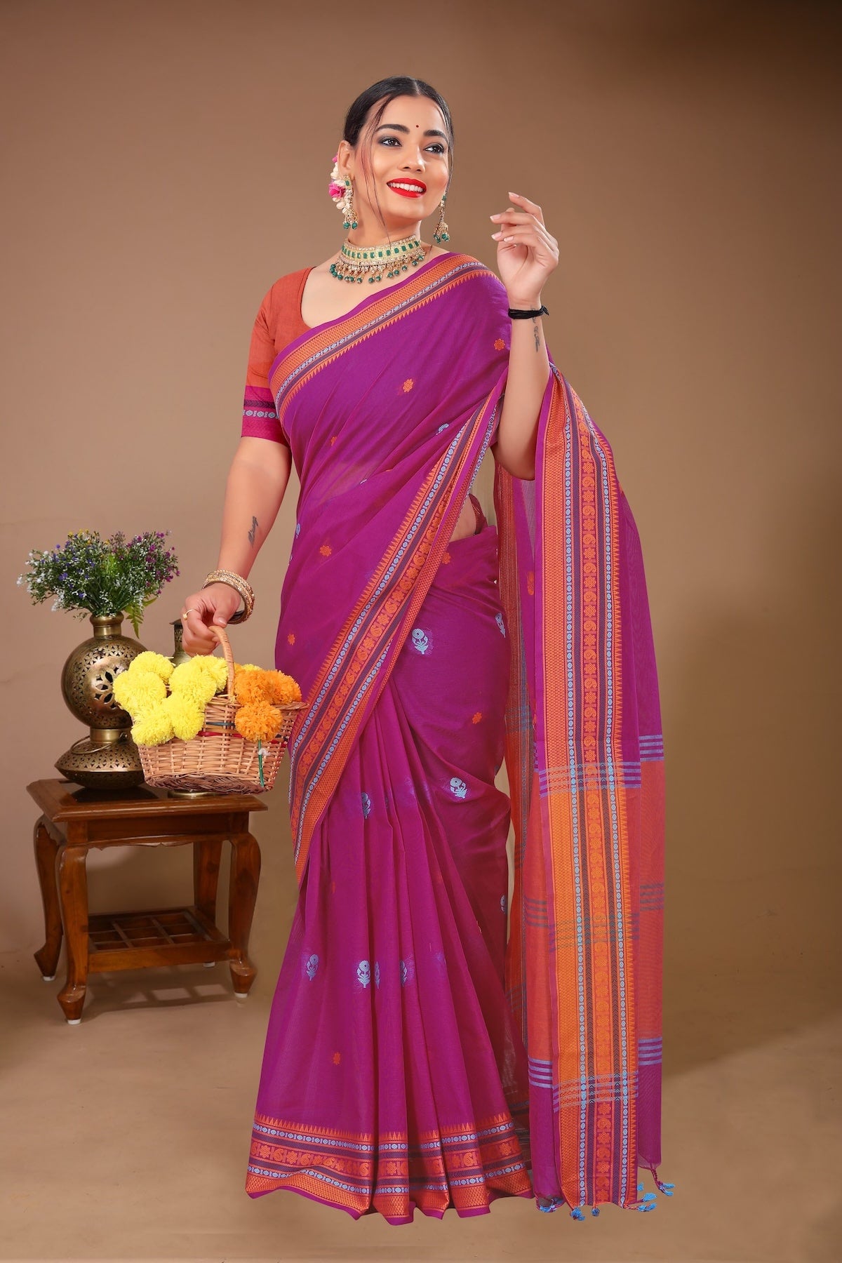 Aparajita - Pink Orange Cotton Printed Saree