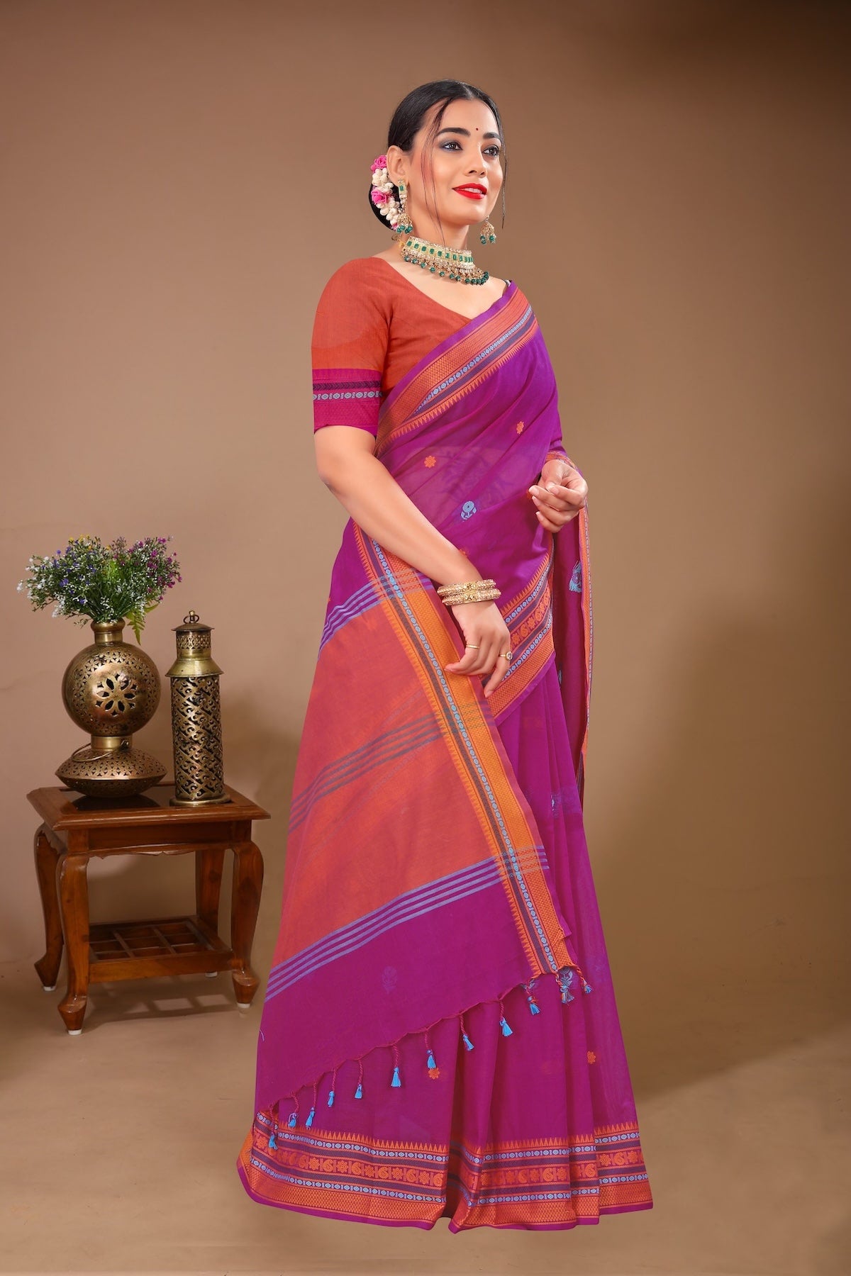 Aparajita - Pink Orange Cotton Printed Saree