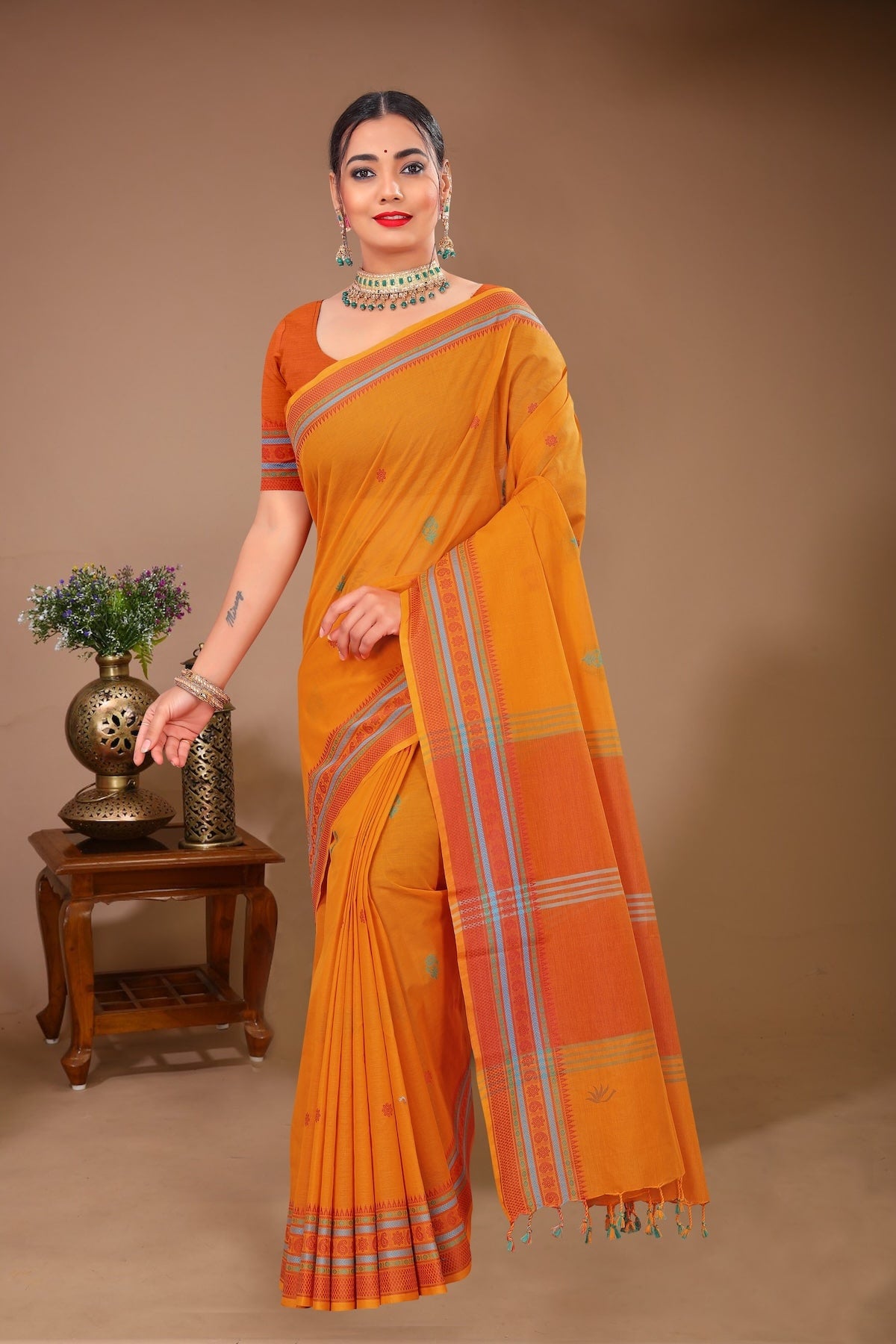 Aparajita - Orange Cotton Printed Saree