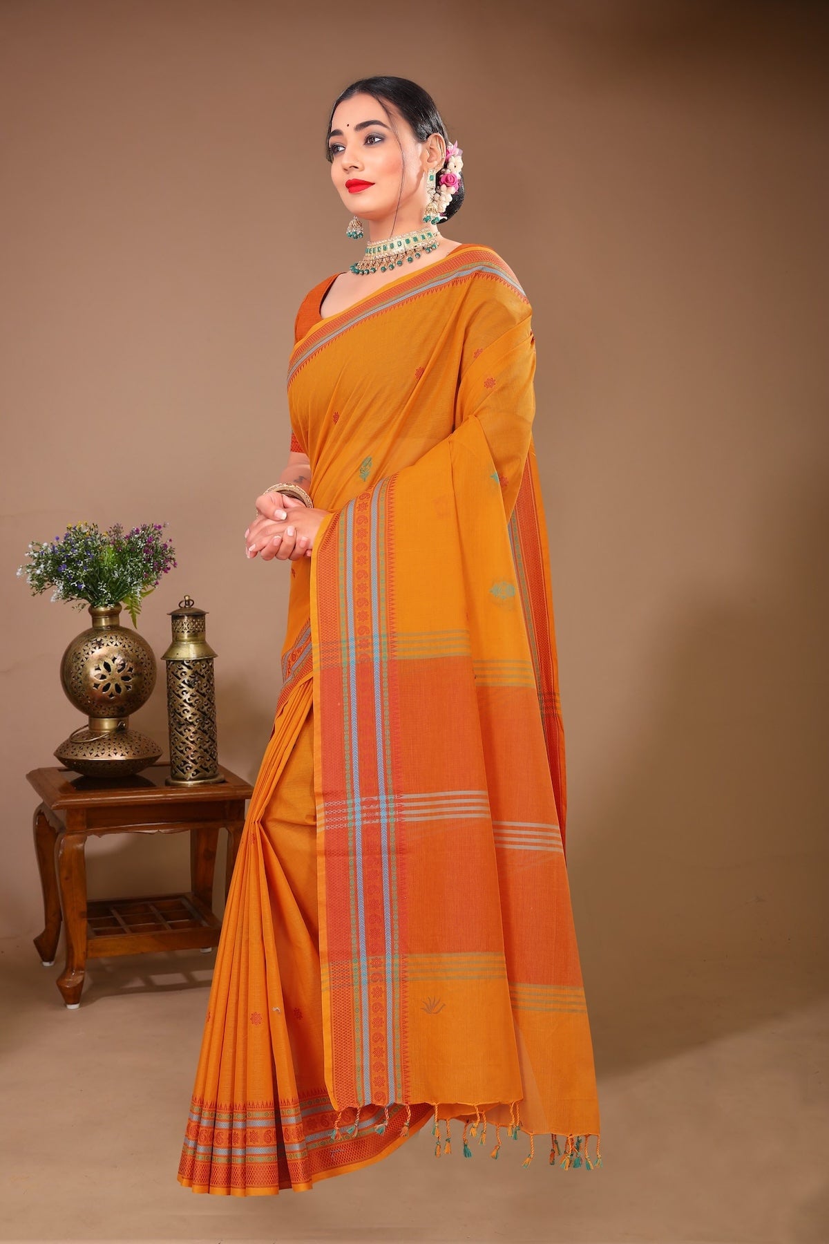 Aparajita - Orange Cotton Printed Saree