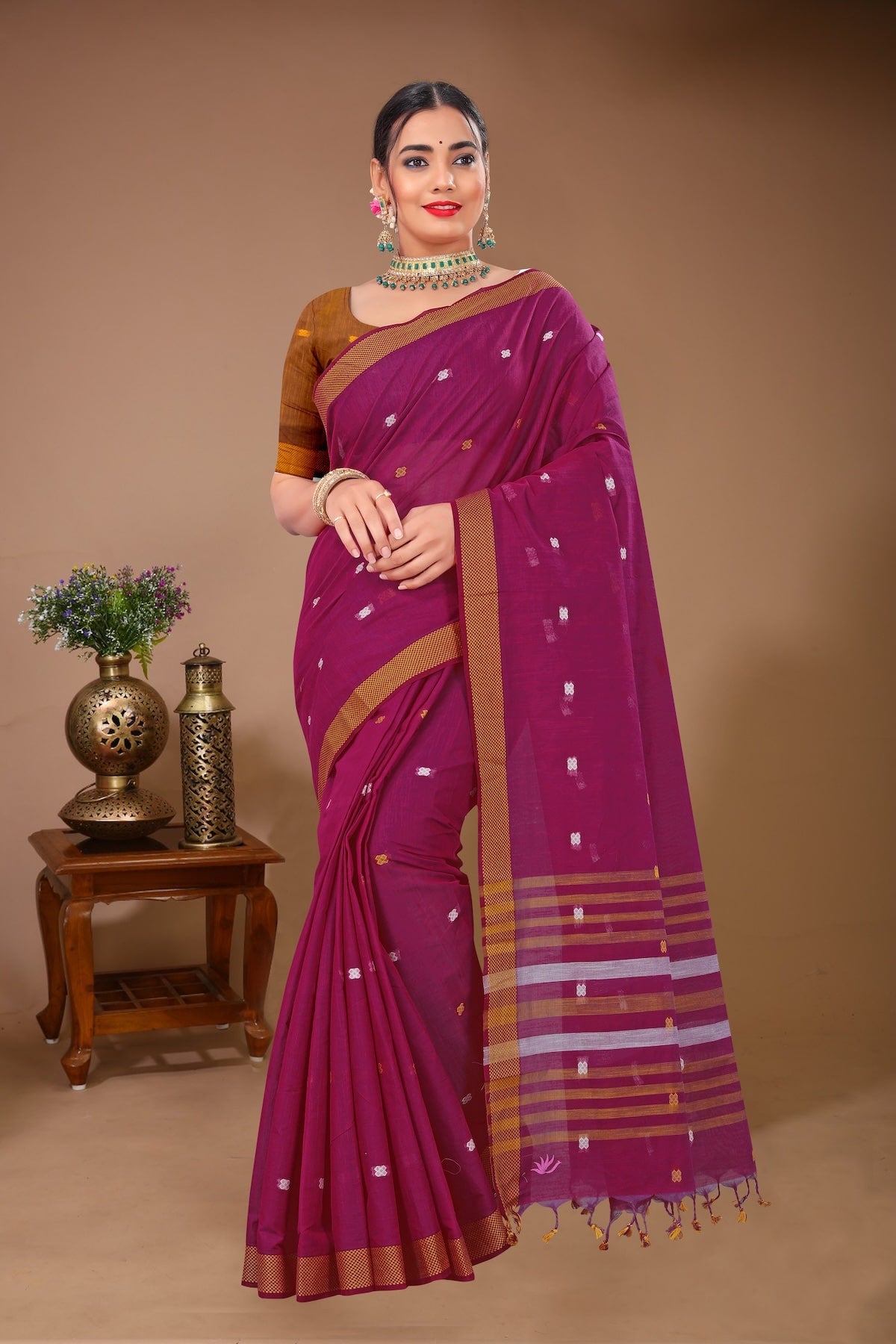 Sargam - Magenta Green Cotton Printed Saree