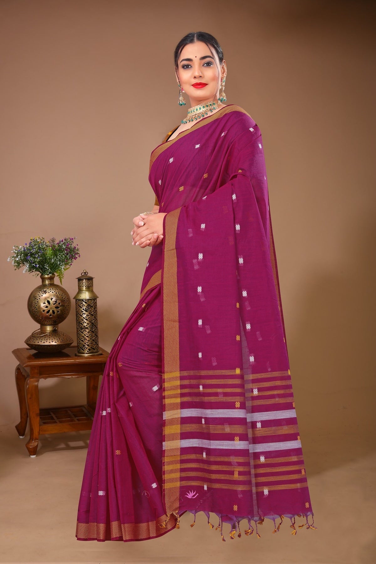 Sargam - Magenta Green Cotton Printed Saree